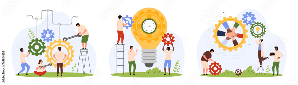 Poster effective cooperation, tech support of smart product and software development set. tiny people fix e