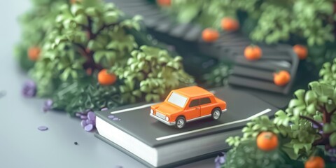 A miniature 3D world where cars and trucks are replaced by cute, animated fruits and vegetables zooming through a charming, pastel-hued cityscape
