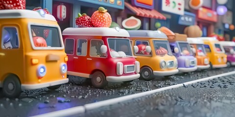 A miniature 3D world where cars and trucks are replaced by cute, animated fruits and vegetables zooming through a charming, pastel-hued cityscape