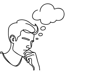 Continuous one line drawing of a thinking guy. - obrazy, fototapety, plakaty