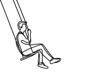 Man swinging on a swing in continuous line art drawing style. Black linear sketch isolated on white background. Vector illustration.