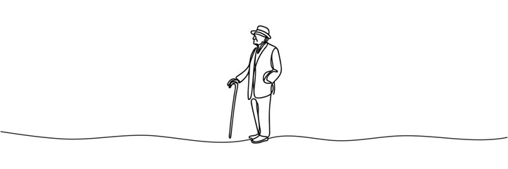 the elderly man is drawn in one line style. Vector illustration.