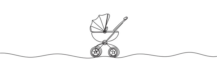 baby stroller woman drawn in one line style. Vector illustration.