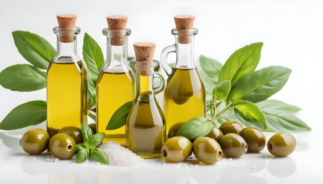 Olive oil in glass bottles served with basil leaves on white background