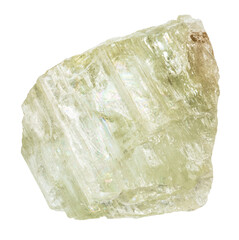 close up of sample of natural stone from geological collection - raw hiddenite mineral isolated on...