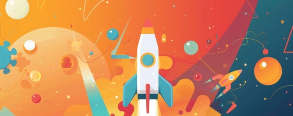 A colorful poster of a rocket launching into space with planets
