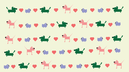 Background with repeating pattern. Different dogs distributed in the area. Heart between dogs. Dog lover, animal, dog, pattern, background.