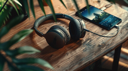 Relaxing Nature Sounds Playing with Headphones on Desk