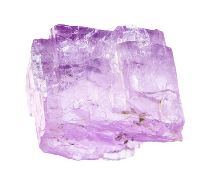close up of sample of natural stone from geological collection - raw kunzite crystal isolated on white background from Afghanistan