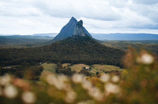 A view across the Glass House Mountains National Park near Brisbane, Queensland, Australia