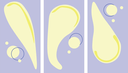Vector illustration in pastel colors. Three separate vertical rectangles with abstract shapes. Modern art, poster. Rounded geometric shapes on a monochrome background.