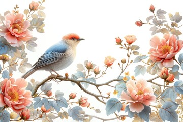 bird on a branch with flowers, delicate watercolor illustration of birds and flowers on a clean white background.
