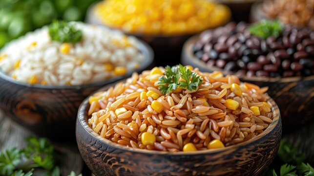 On the tabletop there was a row of legumes and cereals.