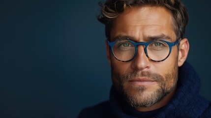 Fototapeta na wymiar Elegant man with beard wearing glasses smiling in a blue shirt against a dark background.