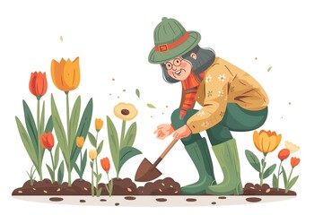 old smiling woman gardener in green rubber boots with spring flowers plant and shovel in hands