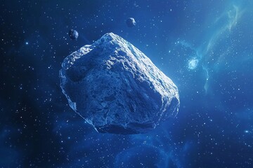 3d rendering of asteroid in space with stars and nebula background. Asteroid in outer space near planet Earth. - obrazy, fototapety, plakaty