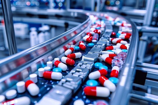 Pills and capsules on conveyor belt in pharmaceutical factory. Pharmaceutical industry