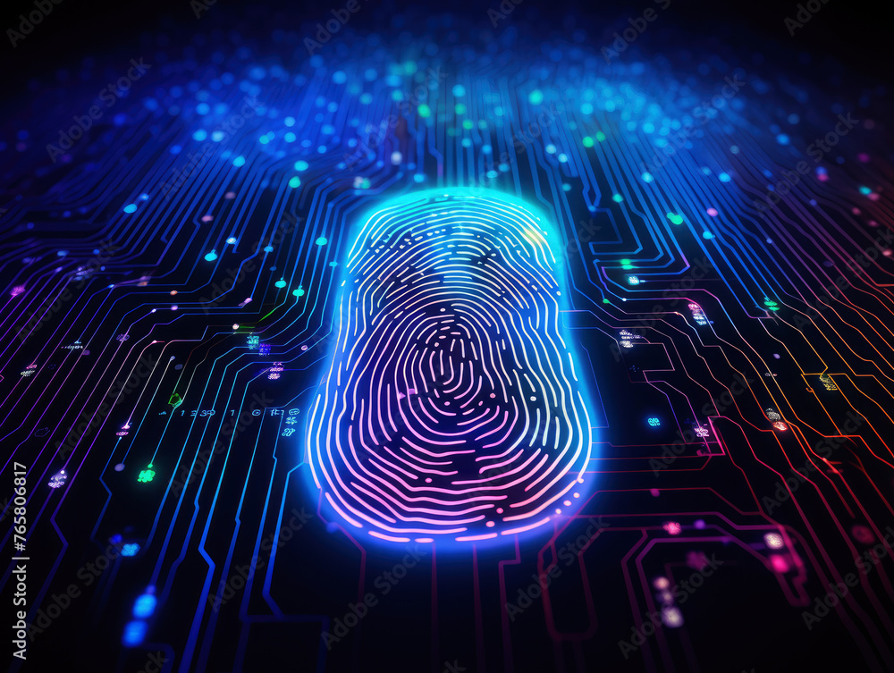 Poster a colorful image of a fingerprint on a circuit board. concept of technology and innovation, as well 