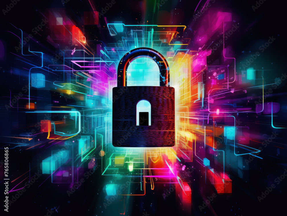 Wall mural A colorful image of a lock with a keyhole. The lock is surrounded by a colorful background, giving the impression of a futuristic or high-tech device. Concept of security and protection