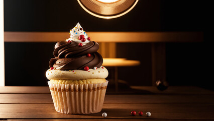 Chocolate caramel cupcake with nuts and white butter cream. Wooden table and dark background. Ai generated.