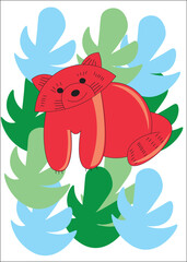 Children's cute illustration of a red panda. Red panda poster. Different colored leaves in the background. Animal, cute, children's motif, decoration for children's room.