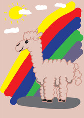 Digitally drawn illustration with a llama. In the background behind the llama is a colorful rainbow, the sun and white clouds. Animal, drawing, alpaca, llama, rainbow, children's
