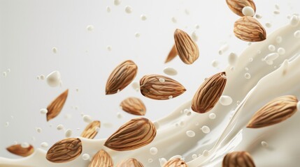 Fresh natural almond milk splash swirl with almonds isolated. - obrazy, fototapety, plakaty