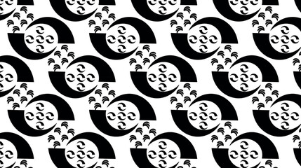 Decorative repeating black pattern on a solid background. Ornamental pattern composed of lines.