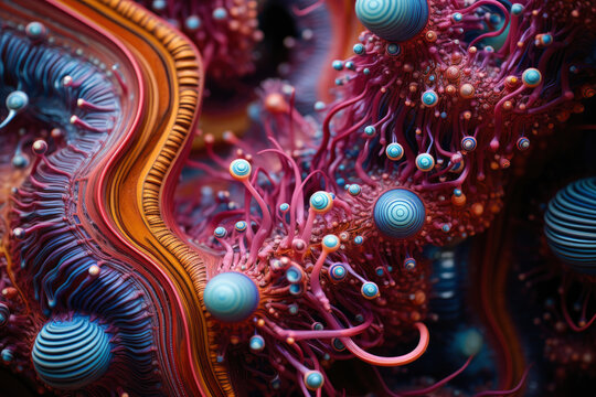 A colorful, abstract image of a sea creature with many different colored spheres. The image has a vibrant and lively mood, with the colors and shapes creating a sense of movement and energy