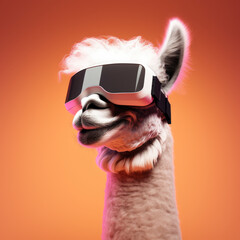 A llama wearing virtual reality goggles. The llama is smiling and he is enjoying the experience