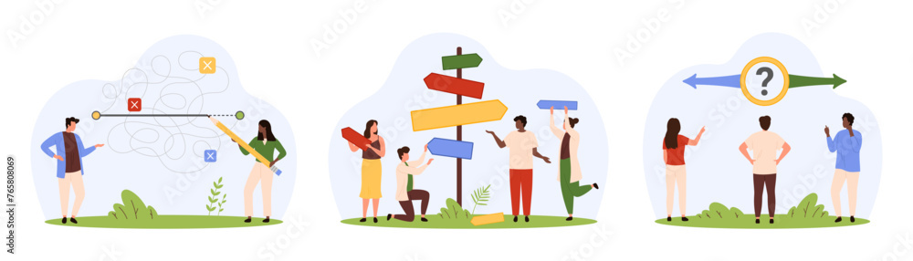 Aufkleber choice of easy way, right solution and strategy set. tiny people choose path and direction on crossr