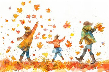 A joyful watercolor image of a couple and their children playing in autumn leaves, the warm colors popping against the white background
