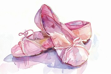 A pair of ballet slippers in watercolor, delicate pink, soft shadows, the essence of dance, on a clean white background