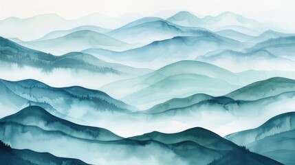 A serene mountain landscape in watercolor, layers of blue and green hills, misty atmosphere, tranquil beauty, on white background