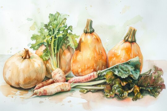 A gentle watercolor trio of butternut squash, parsnips, and Swiss chard on white