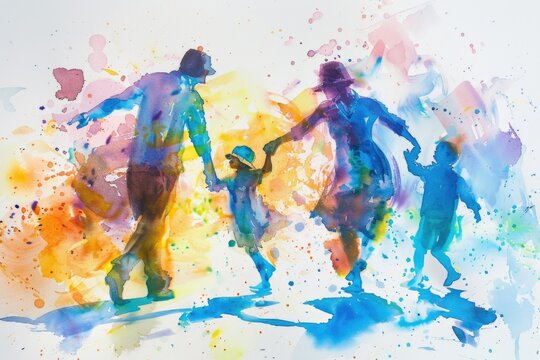 A lively watercolor image of a couple teaching their children to dance, the rhythm and joy of the moment captured beautifully on white