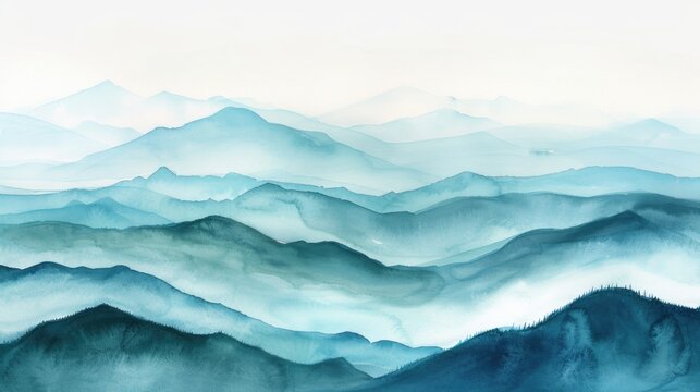 A serene mountain landscape in watercolor, layers of blue and green hills, misty atmosphere, tranquil beauty, on white background