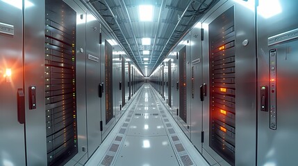 A panoramic shot capturing the vast expanse of servers housed within a state-of-the-art data center, safeguarding the integrity of data stored on the cloud platform - obrazy, fototapety, plakaty