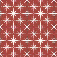 Repeating pattern with snowflakes on a solid background. White regular snowflakes on a red background. Christmas, wrapping paper, geometric snowflakes. Christmas, holidays.