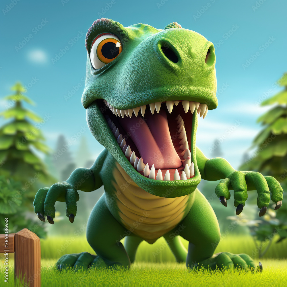 Poster a cartoon dinosaur with its mouth wide open, looking at the camera. the image has a playful and ligh