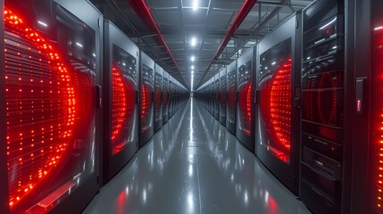 A panoramic shot capturing the vast expanse of servers housed within a state-of-the-art data center, safeguarding the integrity of data stored on the cloud platform - obrazy, fototapety, plakaty