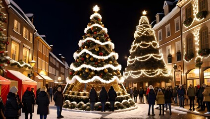 Illuminated Christmas tree in a festive city square at night with people enjoying the holiday...