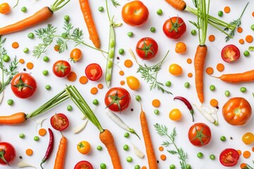 A vibrant mix of carrots, peas, and tomatoes in watercolor, scattered loosely, pure white backdrop - obrazy, fototapety, plakaty