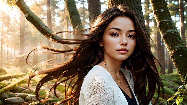 Serene young woman in a sunlit forest, with flowing hair and a contemplative gaze, surrounded by nature.