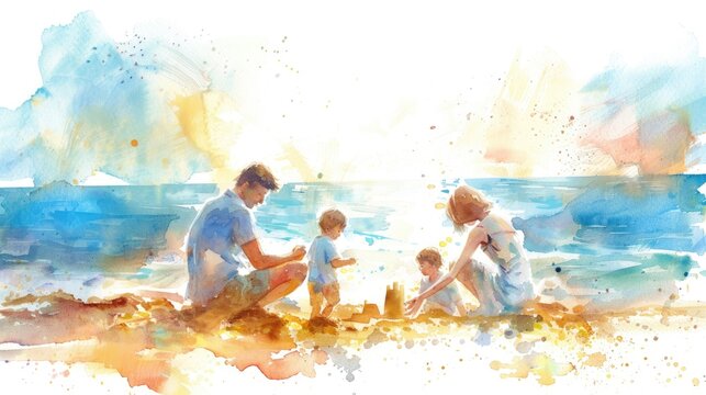 A touching watercolor illustration of a couple watching their children build a sandcastle, the beach scene lively on a white background