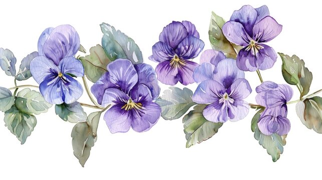 A tranquil watercolor artwork of Viola betonicifolia, its delicate purple flowers and lush foliage depicted with care on a white background