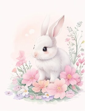 simple watercolor floral illustration of cute little rabbit. Easter egg theme.