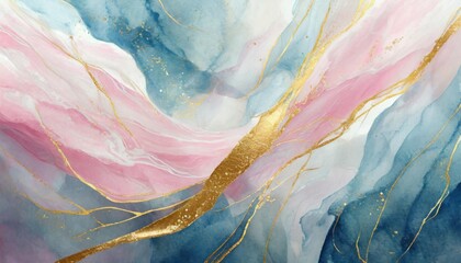 Abstract watercolor paint background pastel blue aquamarine, pink color and golden. 