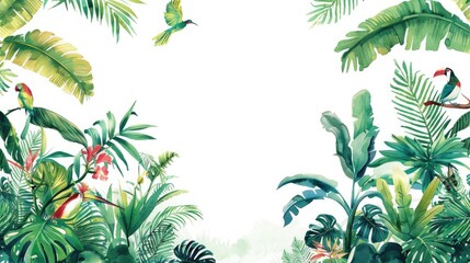 A vibrant watercolor painting of a tropical rainforest, with lush foliage and exotic birds, set against a white background