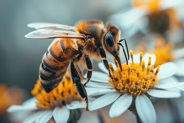 Honeybee pollinating a white flower - obrazy, fototapety, plakaty